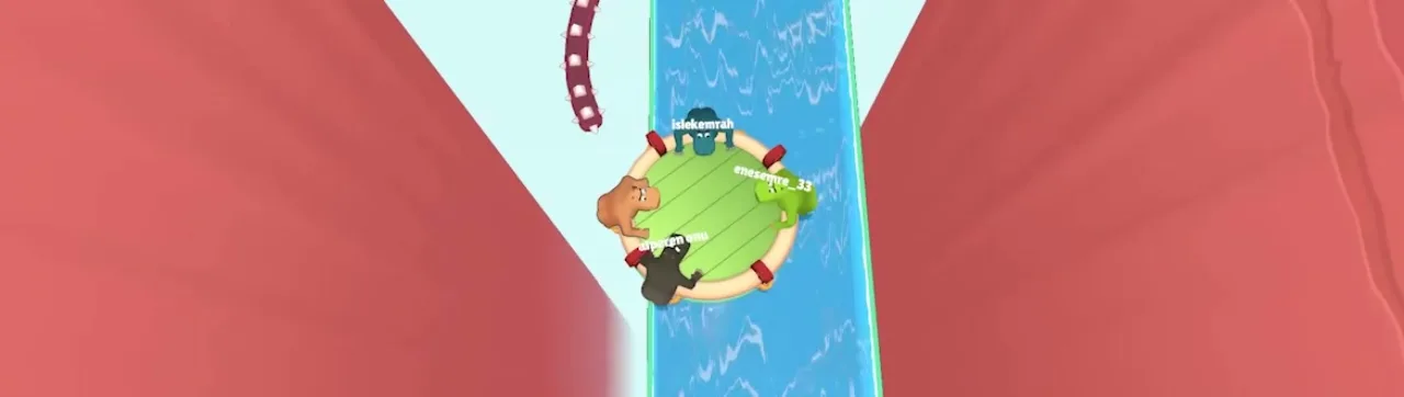 Four hippos on a raft in a narrow water channel between tall red canyon walls, with a purple spiked arm hanging in from the top left
