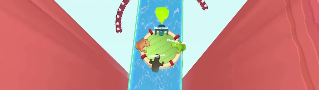 Four hippos navigate a red canyon water channel with purple tentacle hazards curving over the track from above