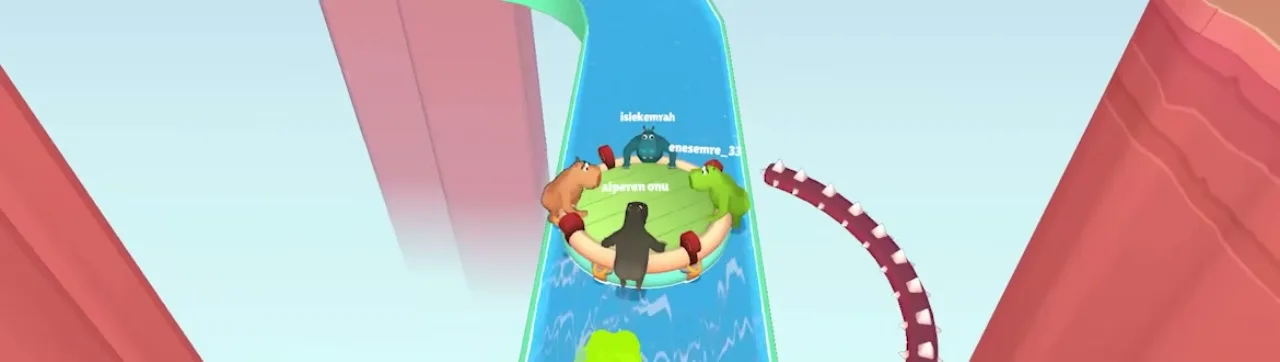 Four hippos on a round raft in a narrow red-walled canal with a purple spiked tentacle arm reaching over the water