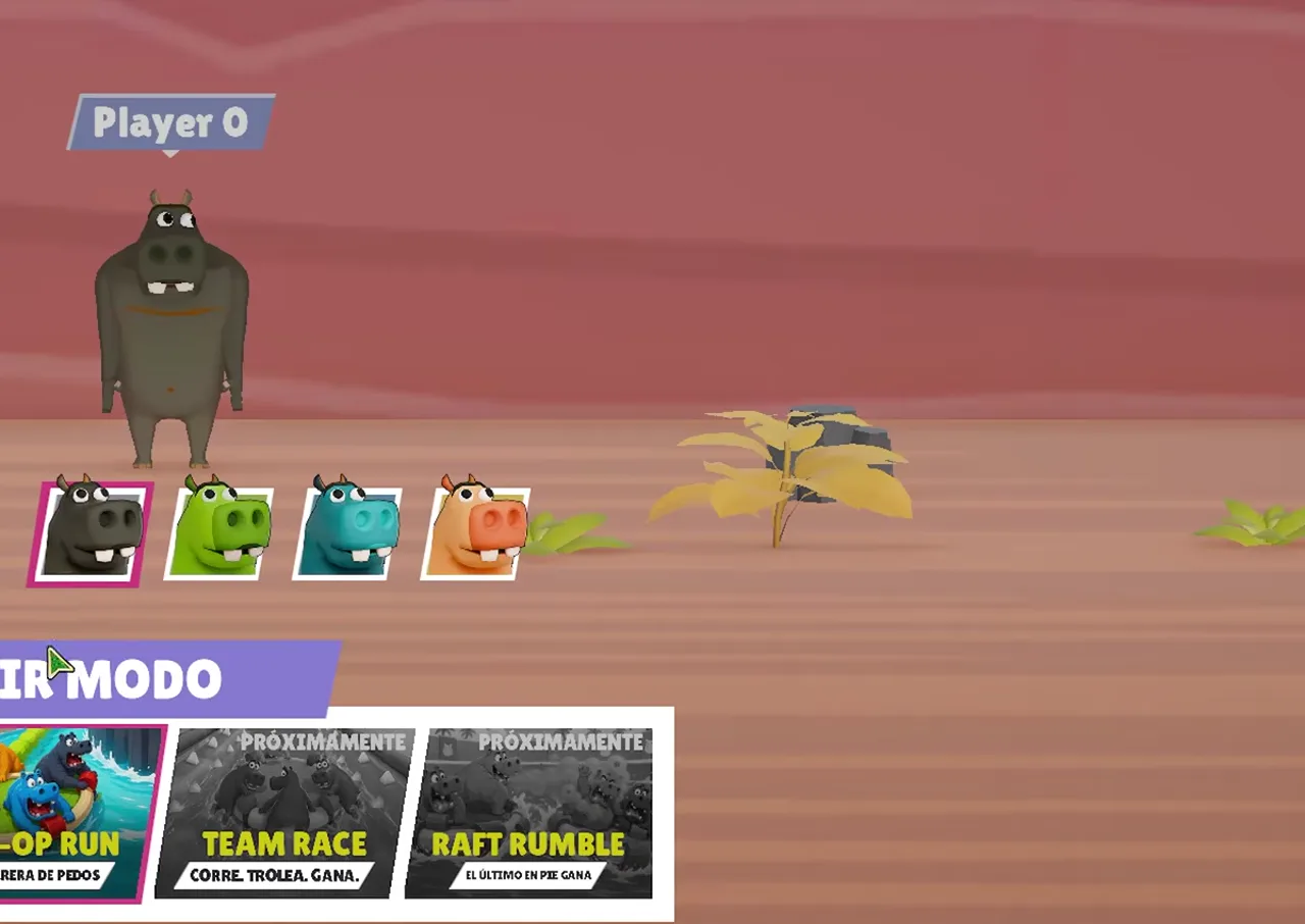 Spanish Demo lobby: grey hippo Player 0, four hippo skins, Co-op Run open, Team Race and Raft Rumble marked Próximamente
