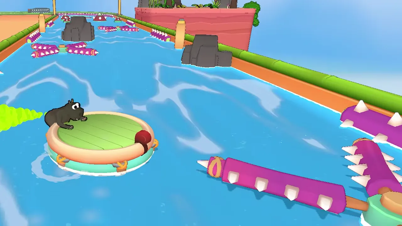 A grey hippo on the raft rim with a long green cloud trailing left, rocks ahead and purple spiked logs on the right