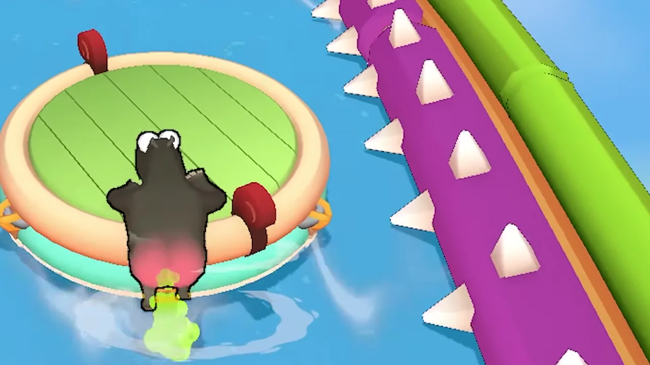 Close view from behind of a grey hippo with a pink rear and a small green puff, beside a purple spiked wall on the right