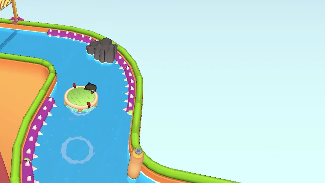 A small raft with one hippo in an S-shaped channel lined with purple spikes, with a rock on the outer bank ahead