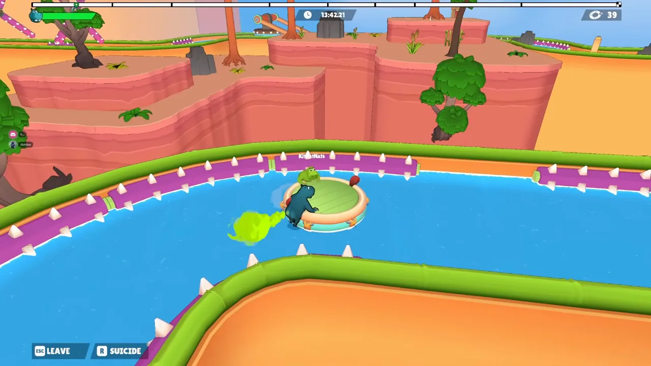 Two hippos on a raft in a purple-spiked canal, a green cloud at left, and a nearly full bright green bar at top left