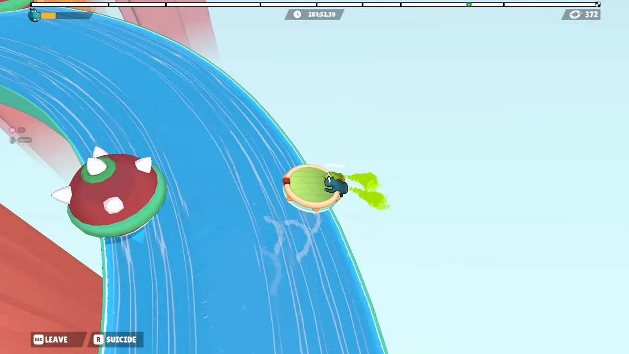 A green cloud beside a small raft next to a red spiked float, with the top-left bar orange and about a quarter full