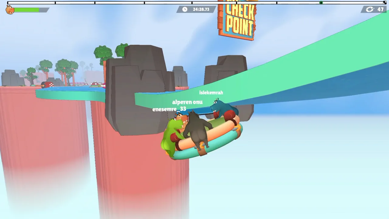 Four hippos on a raft pass a CHECK POINT sign on an elevated teal water track above red pillars