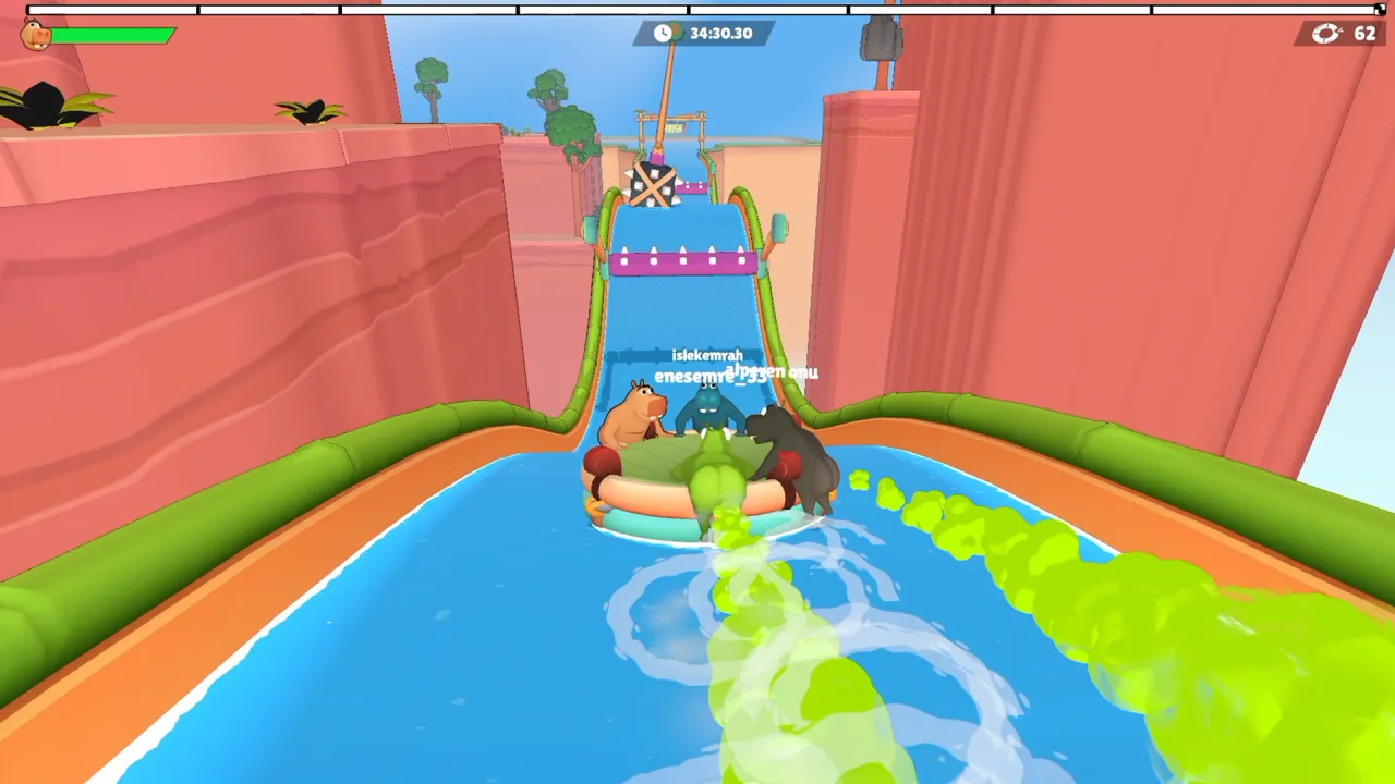 Four hippos approach a FINISH banner on a canyon water slide with a segmented progress bar in the HUD