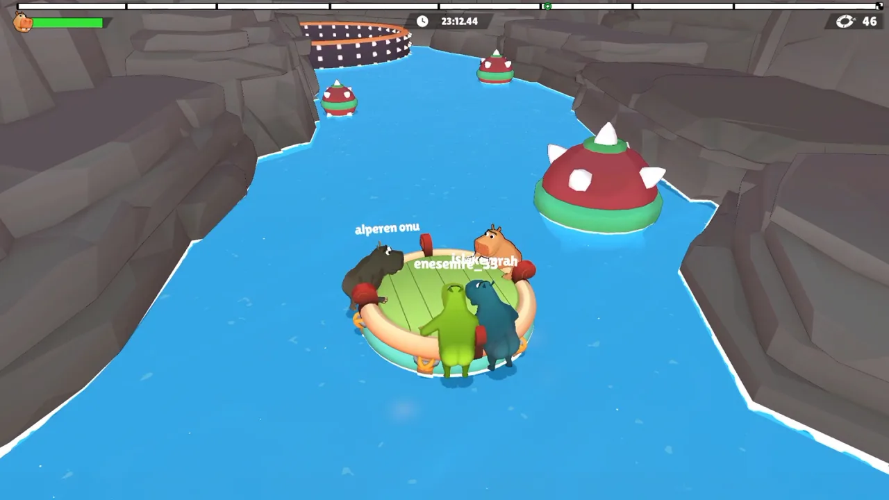 Four hippos navigate a narrow blue canal with floating red spiked shell obstacles and gray rock walls