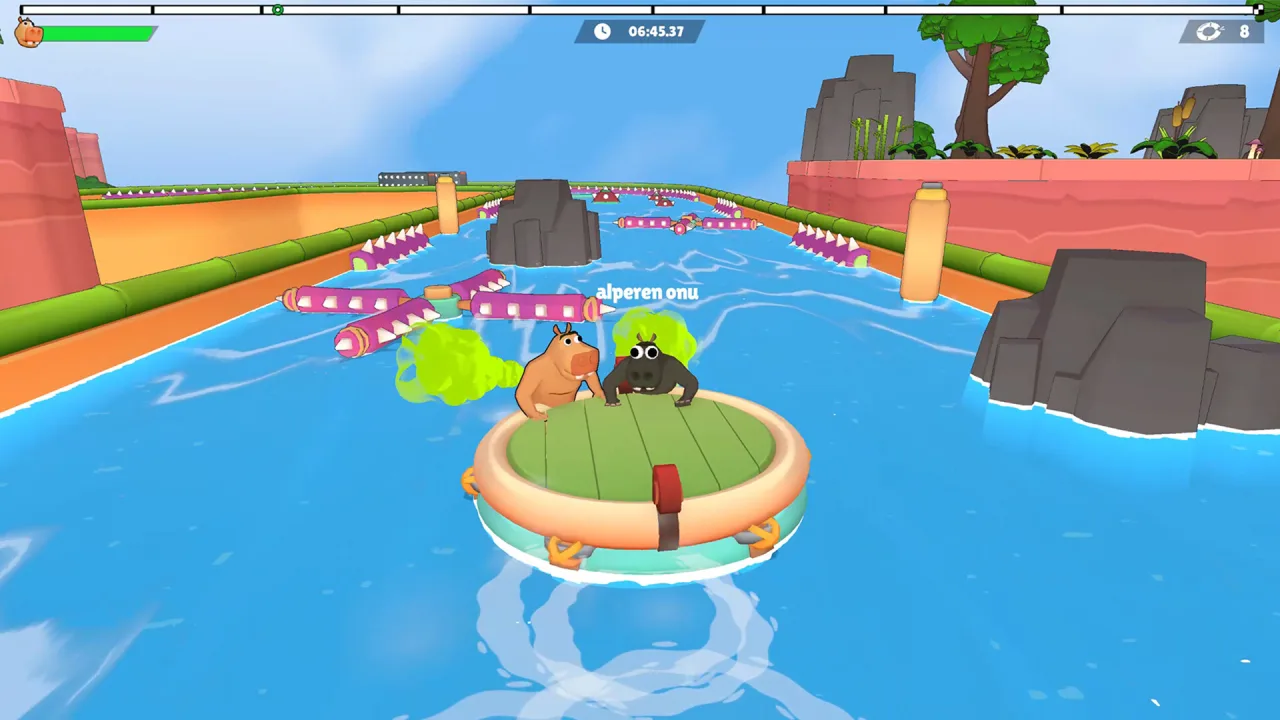 Two hippos on a round raft fart green gas past pink rotating spike wheels on a bright outdoor water course