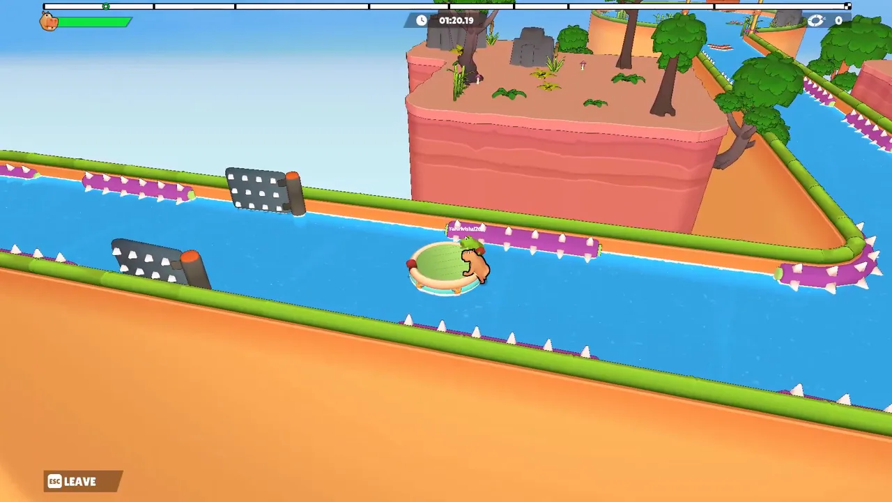 A raft carrying an orange and a green hippo crosses a canal past spiked grey panels on the left and a purple spiked rail