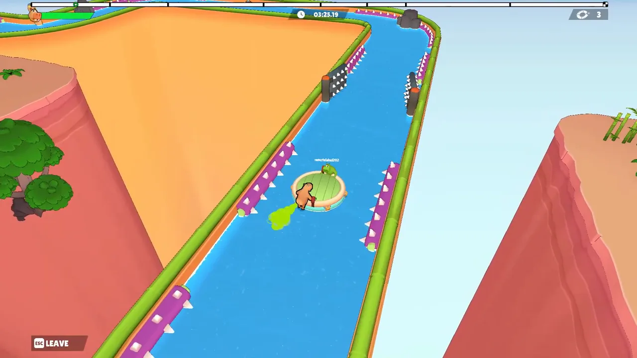 An orange hippo leaves a green cloud on a raft in a long canal lined with purple spikes, with two spiked grey gates ahead
