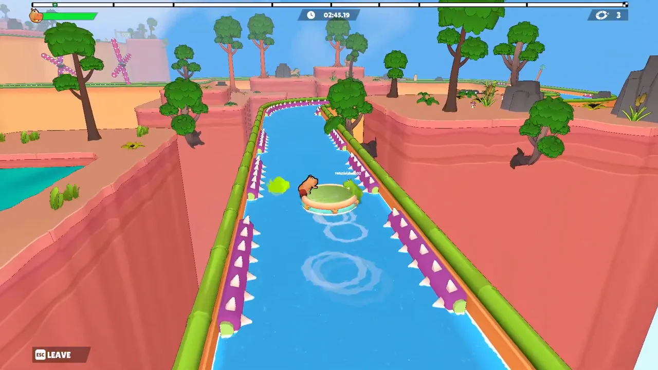 A raft with two hippos and a green puff in a narrow canal between purple spike-studded walls under red canyon cliffs