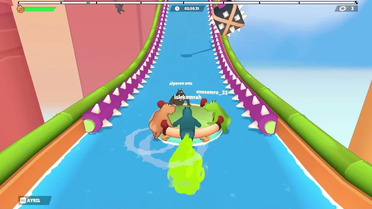 Four hippos on a raft in a purple-walled canal with white spikes and a swinging black spiked block ahead
