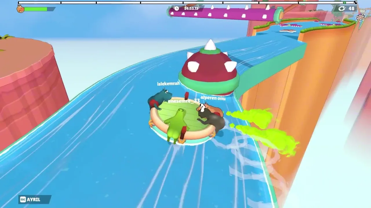Four hippos on a round raft ride a blue water slide toward a red spiked dome, with green gas trails, a top progress bar and a timer on the HUD