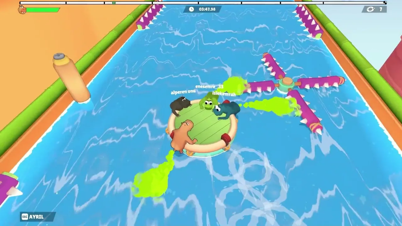 Four hippos emit green gas trails on a raft near a rotating purple spiked obstacle in a bright canal