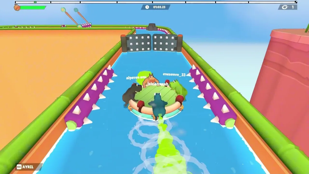 Overhead four-hippo raft view with per-character bars above heads, timer 01:03.23, and ESC AYRIL prompt still visible bottom-left