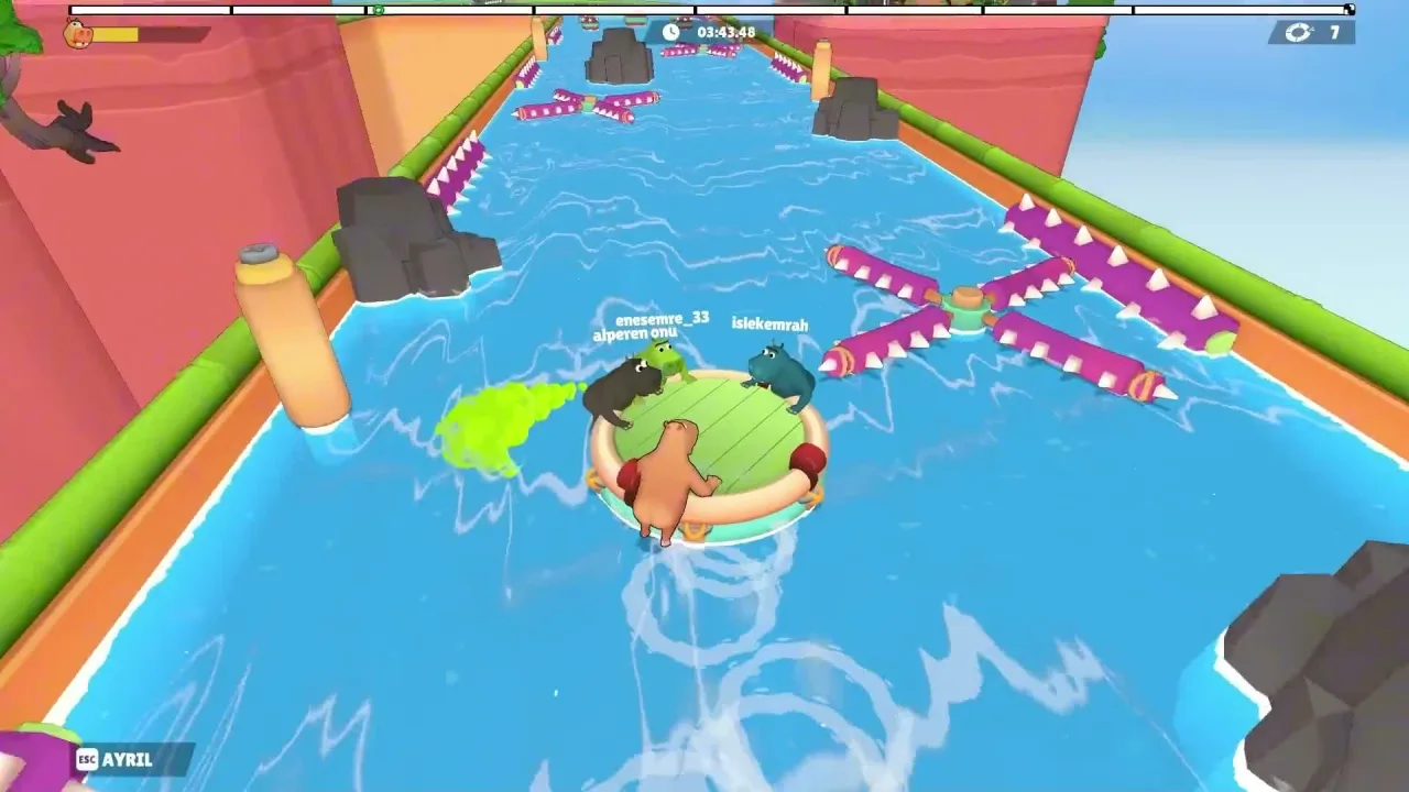 Four hippos on a raft in a straight water canal with rotating purple spiked crosses ahead, the ESC AYRIL prompt at bottom-left and timer 03:43.48 on the HUD